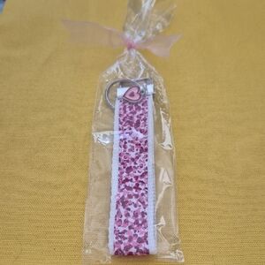 Pink And Red Fabric Wristlet Key Holder with Pink Heart Charm